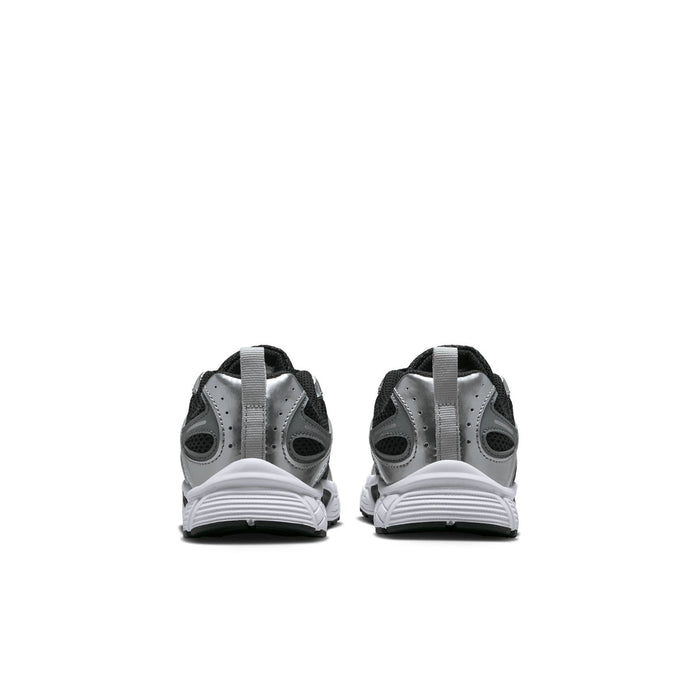 Kids Nike sneakers, back view with black collar, gray heel, and white stripes