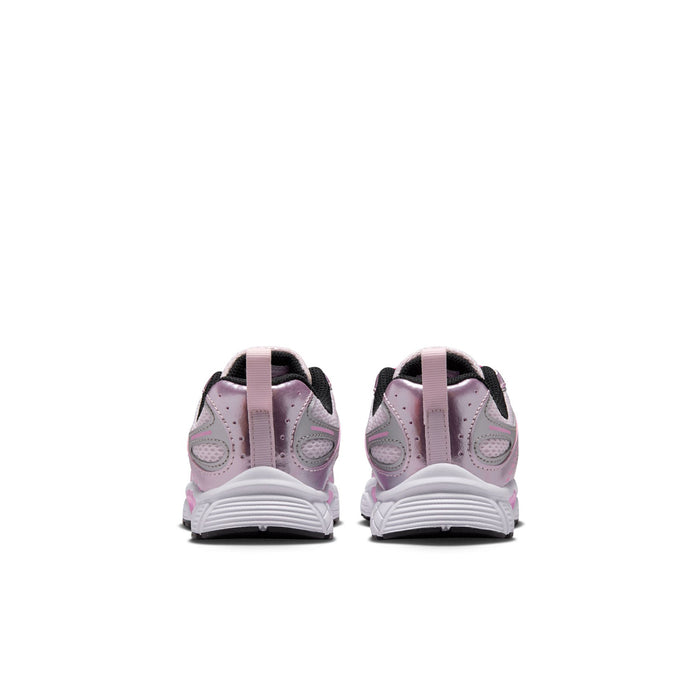 Kids sneakers from heel view with black back tab and white midsole