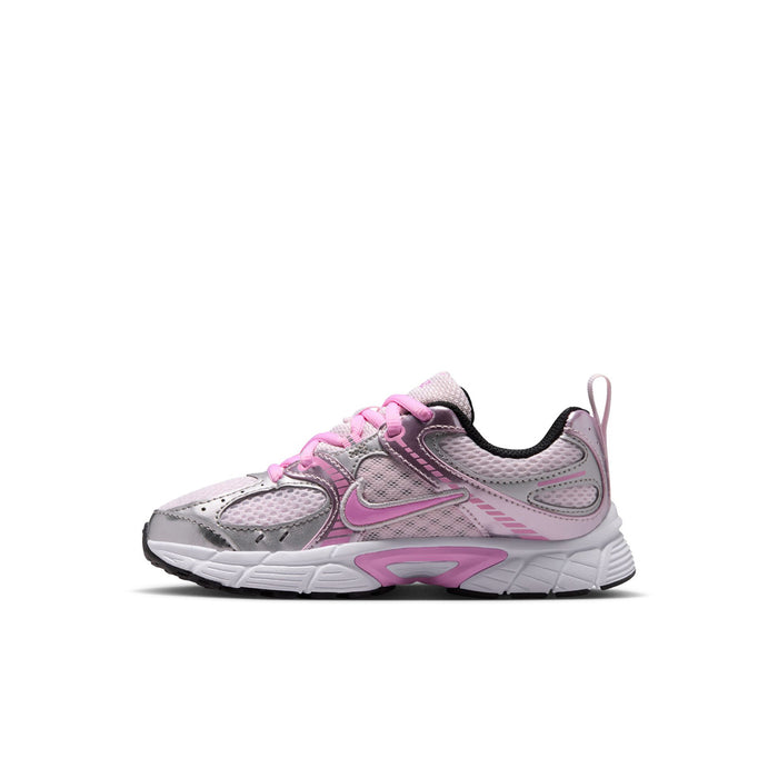 Kids gray and pink lace-up sneakers with swoosh detail and cushioned sole