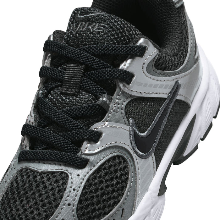Kids Nike sneaker upper, black mesh with gray overlays and lace loops