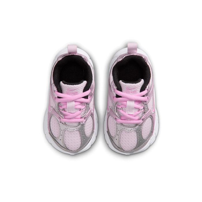 Toddler running shoe pair with light pink mesh uppers, pink laces, and black collar