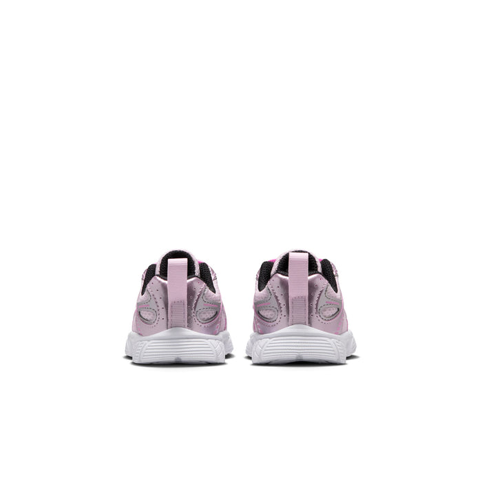 Toddler running shoe heel view in light pink and metallic silver with pink lace loops