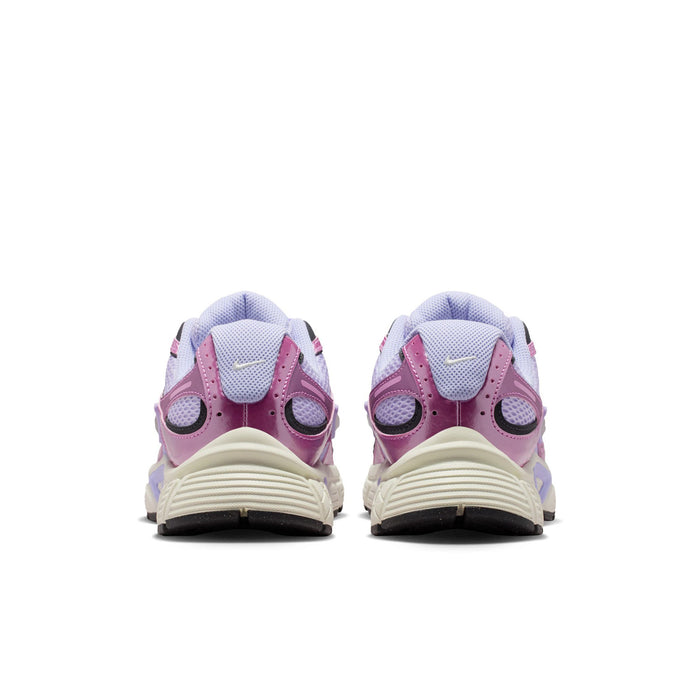 Women’s running shoes from heel view with light purple lining, purple eyelets, and tread sole