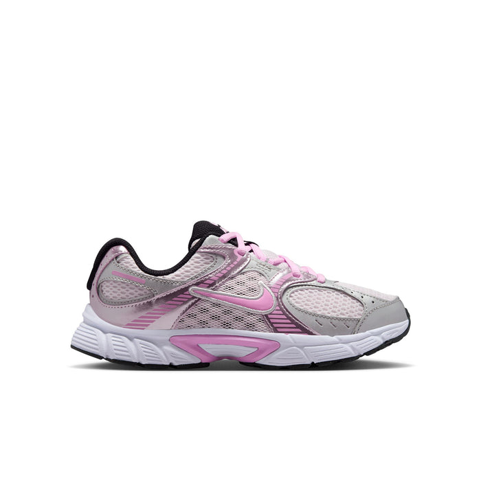 Youth running shoes, pink and metallic silver with black collar and white cushioned sole