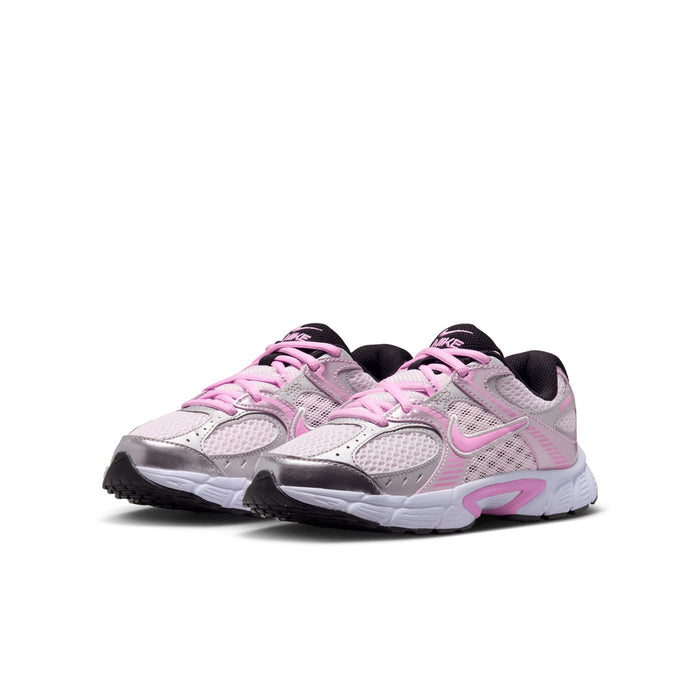 Youth running shoes, side view in pink and metallic silver with black heel collar