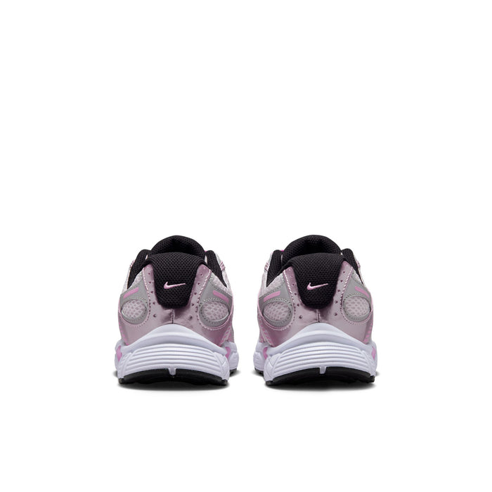 Youth running shoes, back view in pink and metallic silver with black heel collar