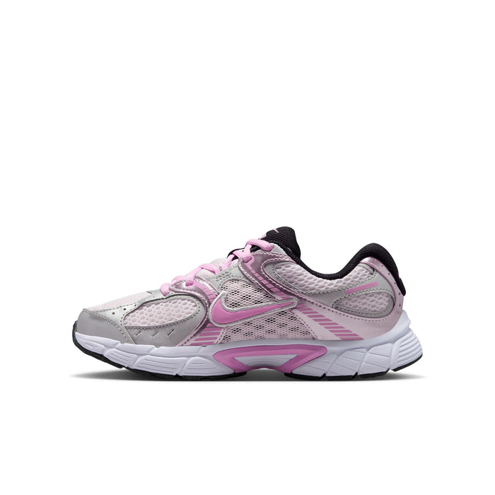 Youth running shoes, angled side view in pink and metallic silver with lace-up front