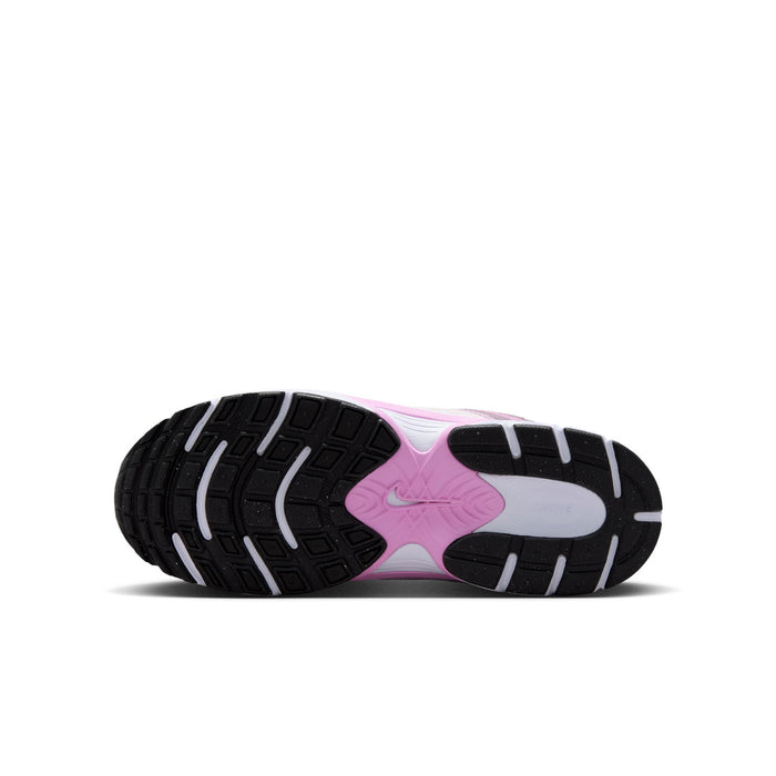 Youth running shoe outsole, black tread with pink logo on white base