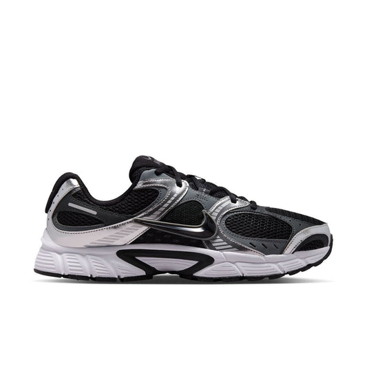 Men's running shoe in black, charcoal, and silver with white midsole and lace-up front.