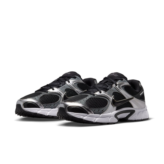 Men's lace-up running shoes, black and silver mesh panels with white and black outsole.