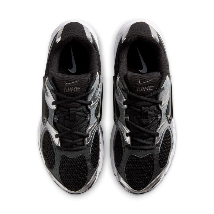 Pair of men's black and silver running shoes with black laces and Nike swoosh on tongue.