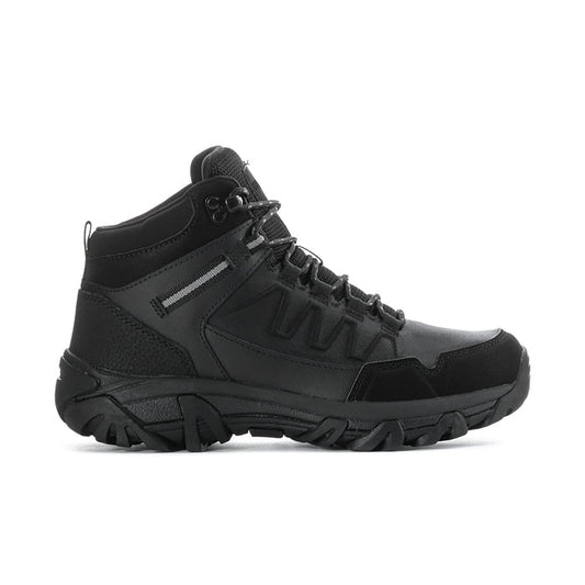 Men's black mid-top hiking boots with lace-up closure and padded collar