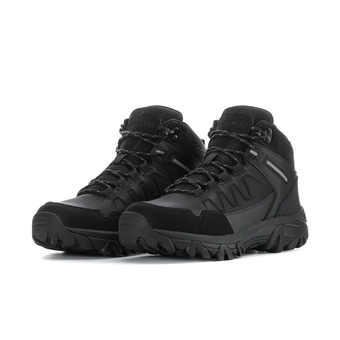 Men's black lace-up mid-top boots, rugged paneling and chunky tread sole