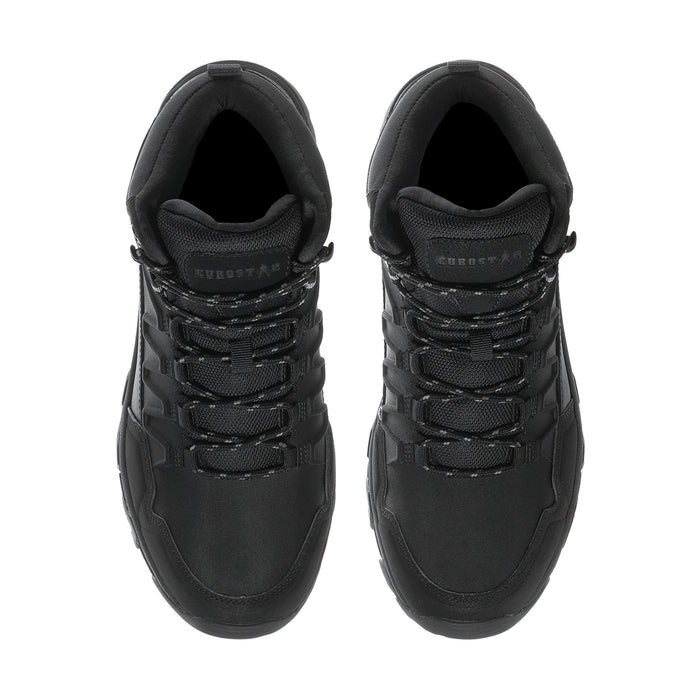 Men's black boots shown from toe and heel, open interior lining and laces