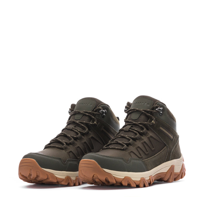 Pair of men's olive lace-up hiking boots with textured uppers and tan lug soles
