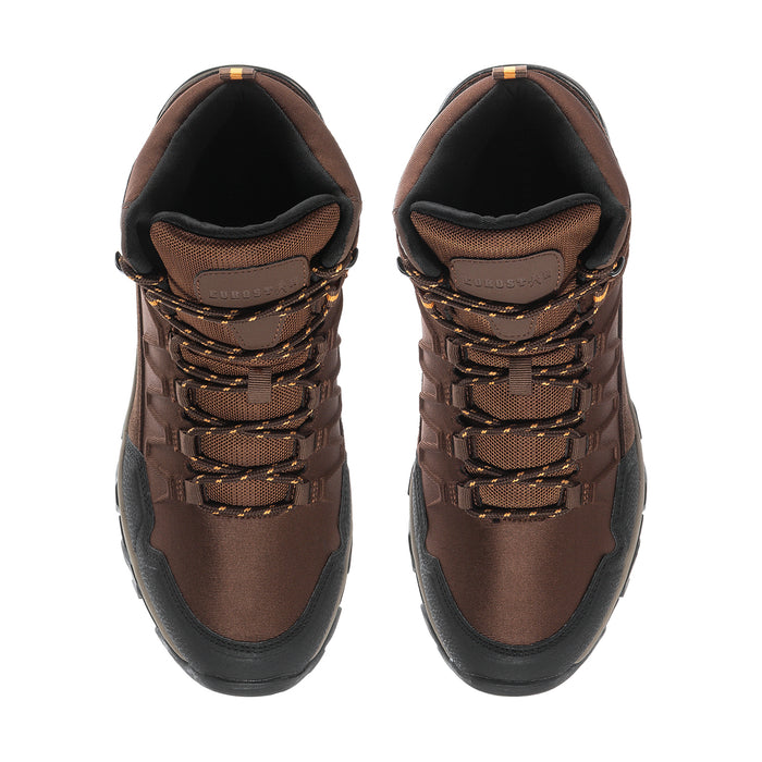 Front view of men’s brown lace-up hiking boots with black interior and padded collar