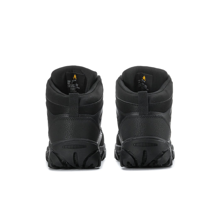 Men's black boots with rear pull tab and textured heel, lace-up styling