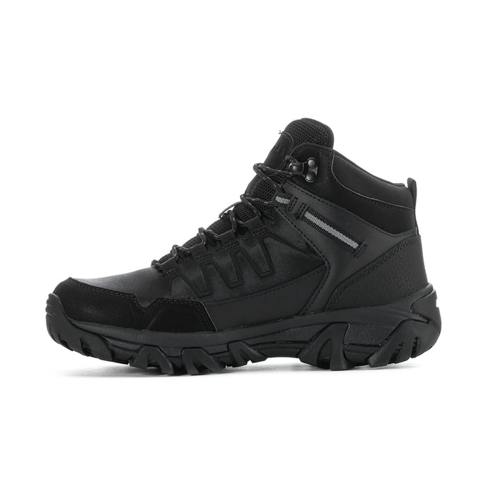 Men's black mid-top boots with side strap detail and lace-up front