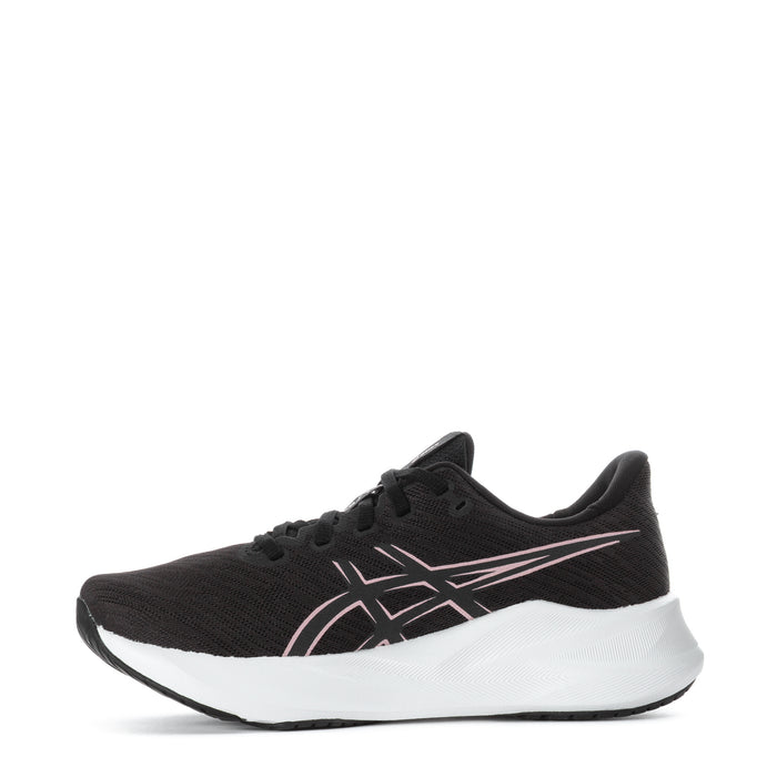 Women's black running shoe, side view, pink logo stripes and white midsole