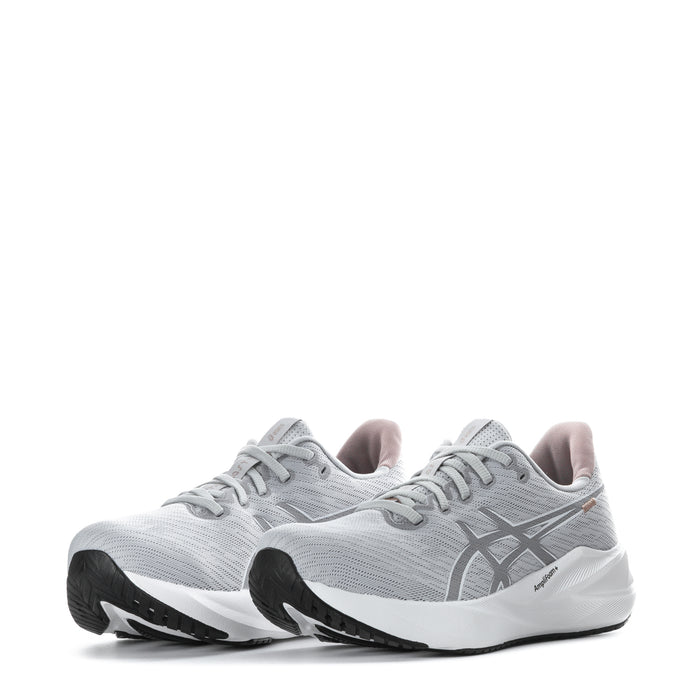 Women's lace-up running shoes, light gray knit with white sole and ASICS logo