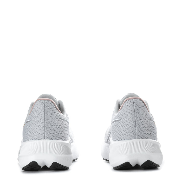 Women's running shoes heel view, light gray upper with white cushioning and black rubber
