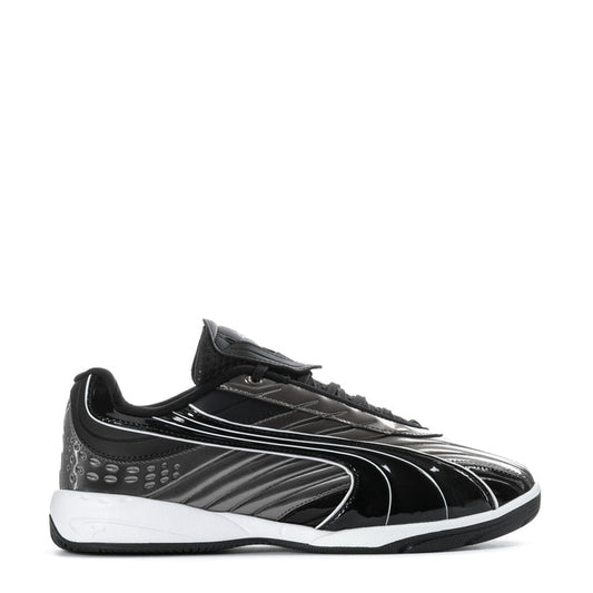 Youth Viper sneakers, black with silver stripes and white rubber sole, lace-up