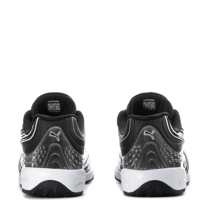 Youth sneakers back view, black with silver logo, padded collar, white sole