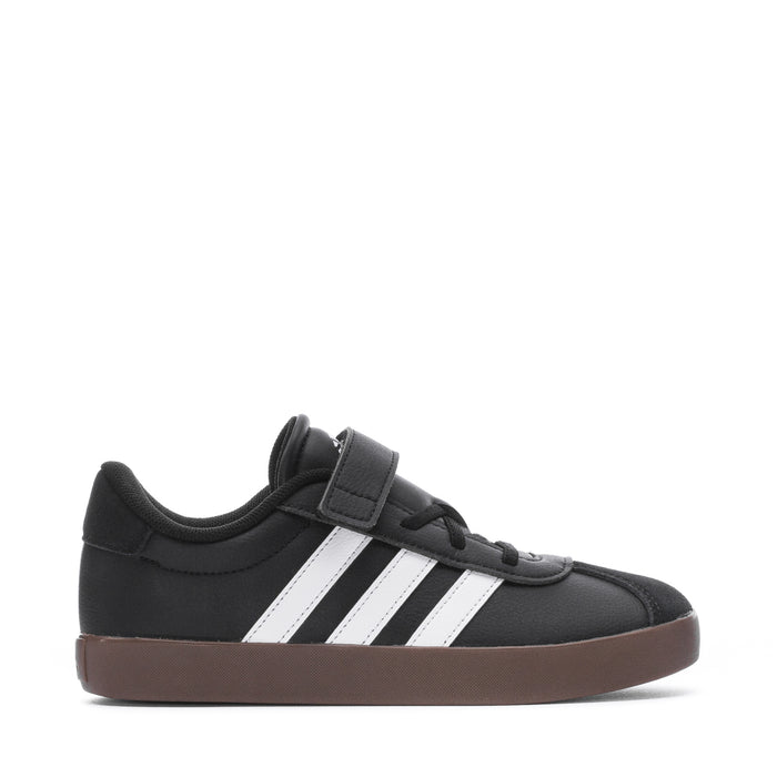 Kids' black sneakers with white three-stripe side panels and gum rubber sole
