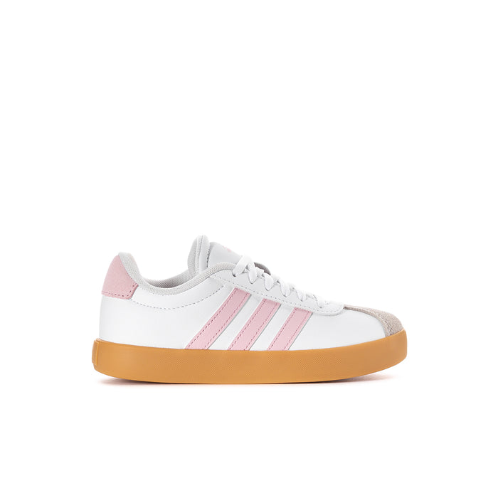 Kids adidas VL Court 3.0 sneakers, white with pink stripes and gum sole