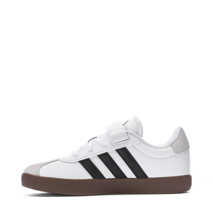 Kids white court sneakers with black stripes and brown gum sole, hook-and-loop strap