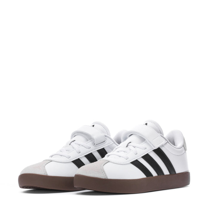 Kids white court sneakers with black stripes, lace-up front and brown gum outsole