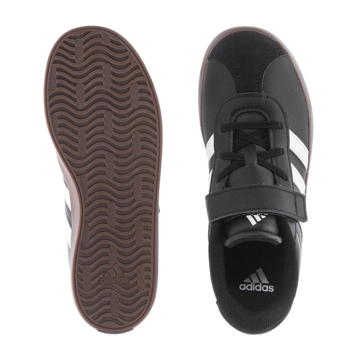 Kids' black sneakers: outsole tread and heel view with adidas branding
