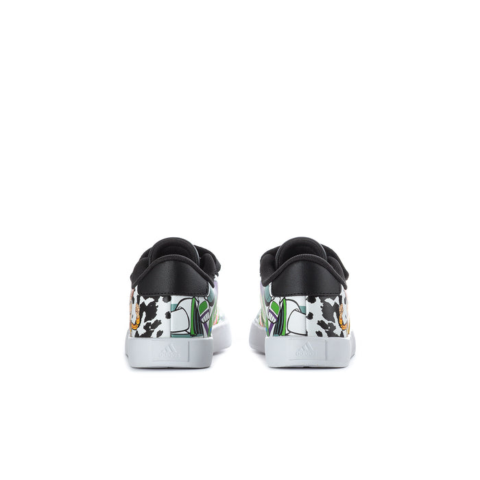 Kids' black sneakers, back view: cow-print heel with multicolor character artwork, white sole