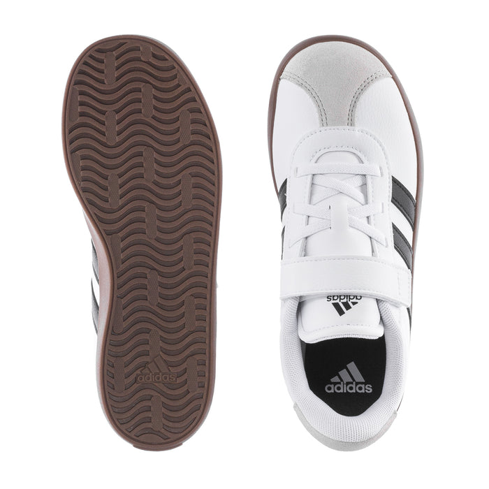 Kids white adidas court sneakers showing outsole tread and black-striped upper