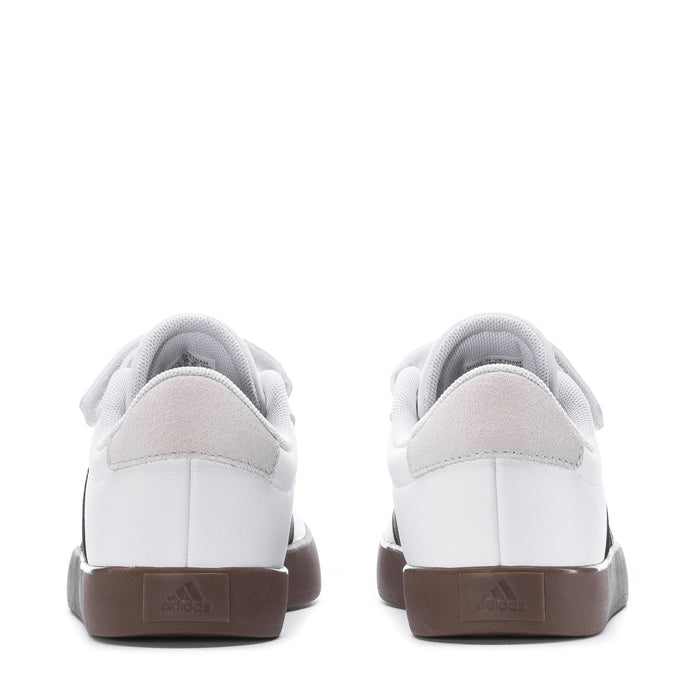 Kids white court sneakers heel view with brown gum sole and padded collar
