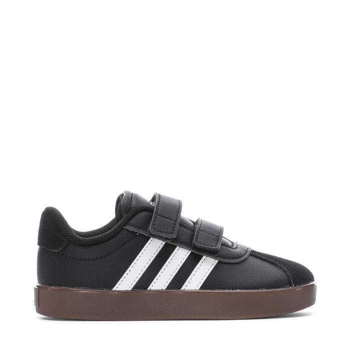 Toddler black sneaker with white adidas stripes, Velcro straps, and gum sole
