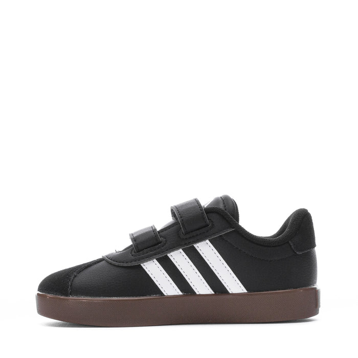 Toddler black adidas sneakers with three white stripes and dual hook-and-loop straps