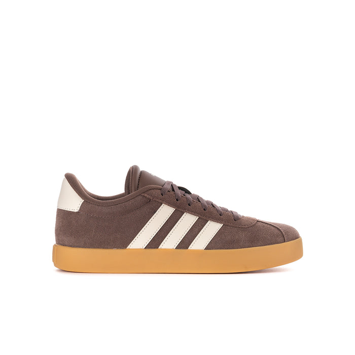 Youth Samba-style sneakers in dark brown suede with cream stripes and gum sole.