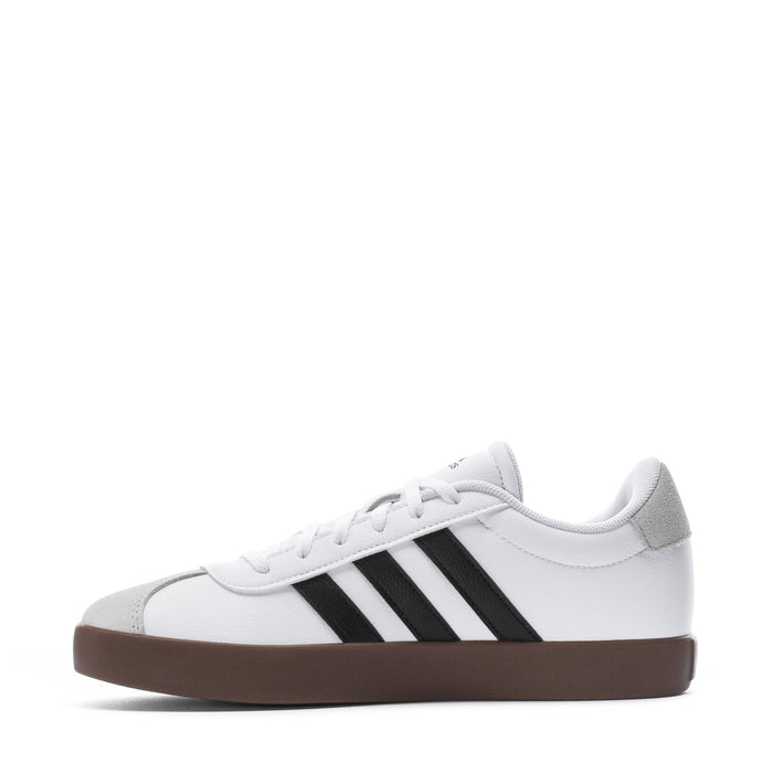 Youth adidas sneakers, side view: white upper, black stripes, gum sole