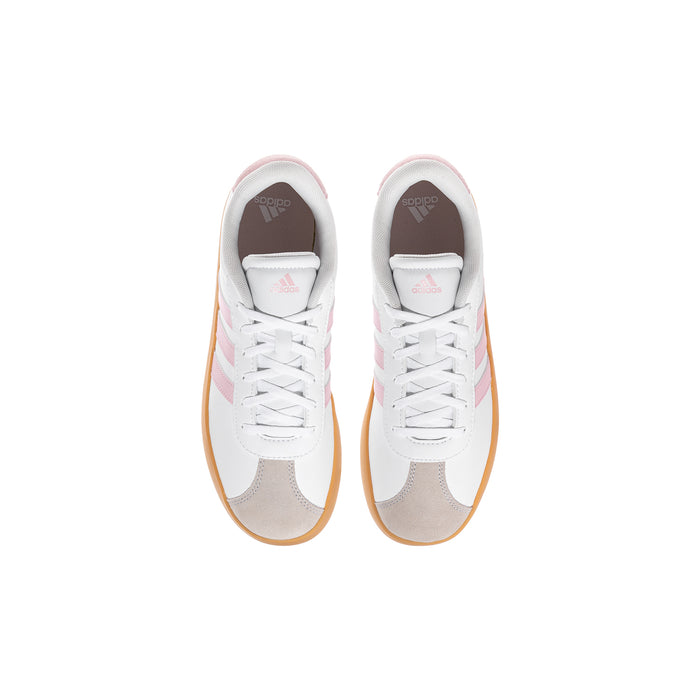 Pair of youth white sneakers with pink accents and lace-up front