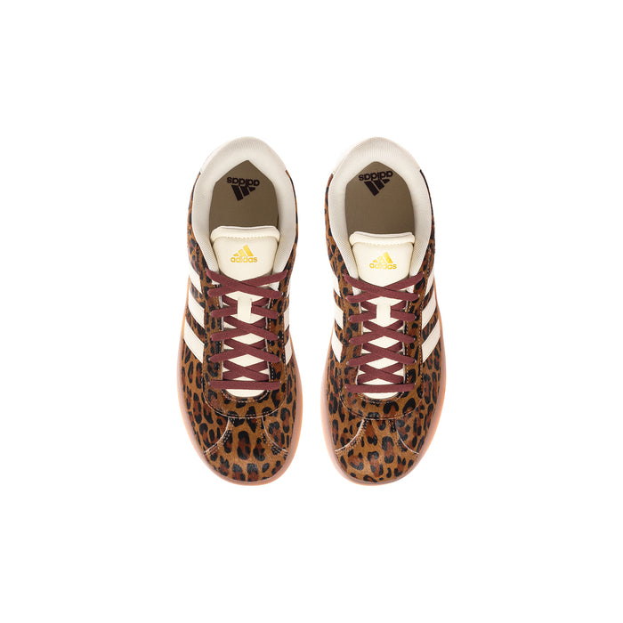 Youth sneakers shown front view: leopard-print upper, burgundy lace-up, cream lining
