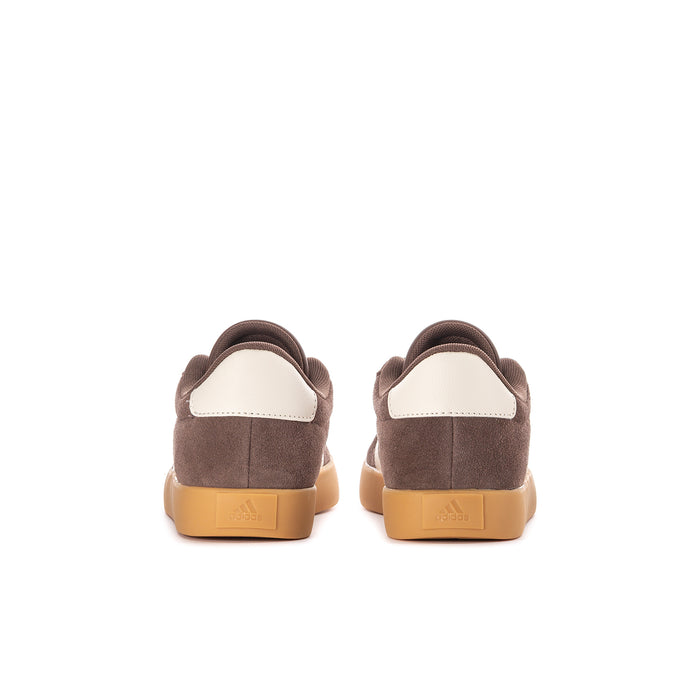 Youth sneakers heel view, dark brown suede with white heel patch and gum sole.