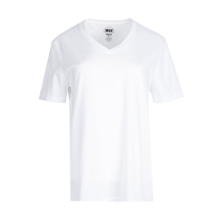 Women's white V-neck tee shirt, short sleeves, straight hem