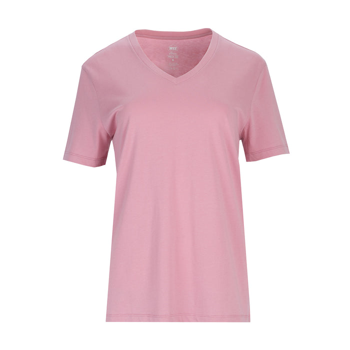 Women's rose pink V-neck short-sleeve tee shirt, solid knit