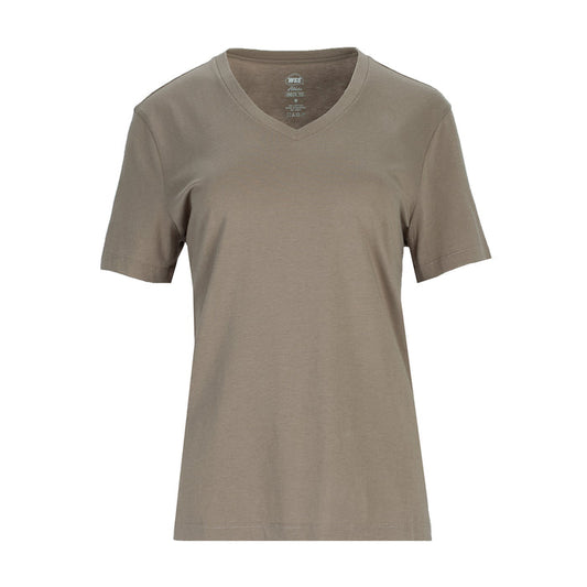 Women's taupe grey V-neck t-shirt, short sleeves and straight hem