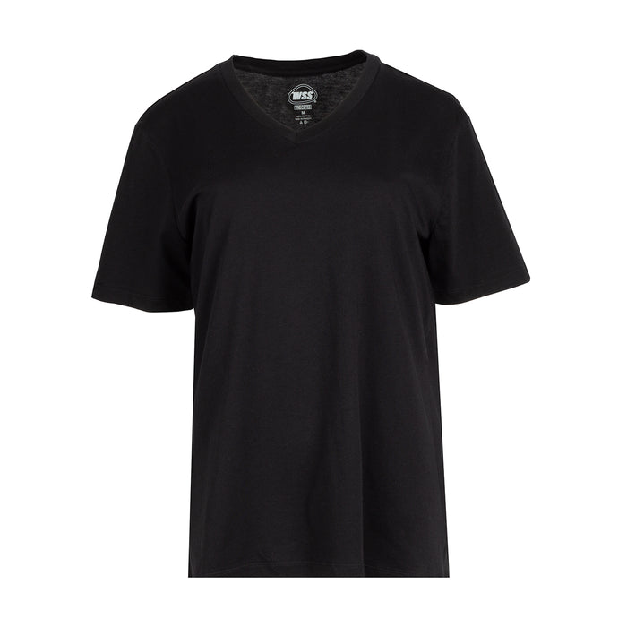 Women's black V-neck short-sleeve T-shirt, front view.