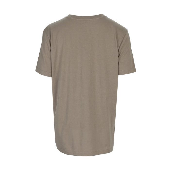 Women's taupe grey V-neck t-shirt, back view with short sleeves
