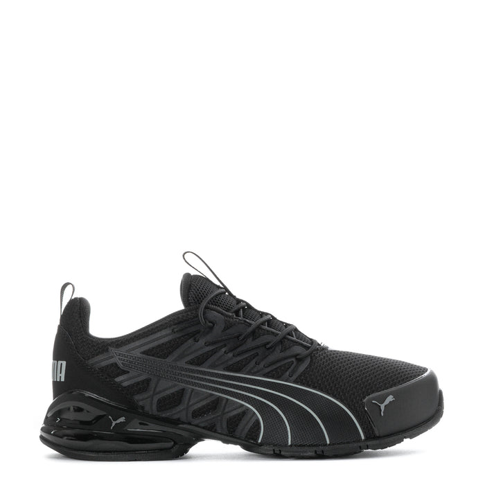 Kids black running shoes with Puma logo and lace-up front
