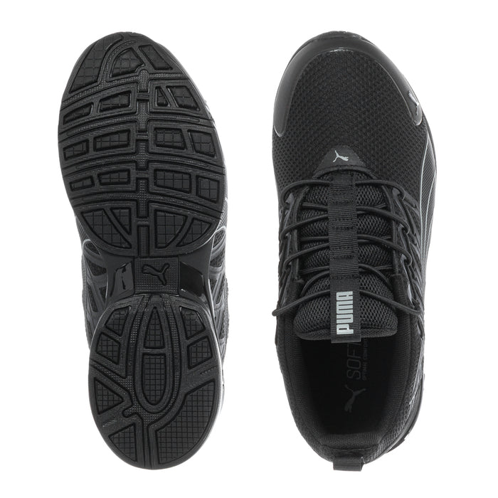 Kids black running shoes with treaded outsole and side view of insole