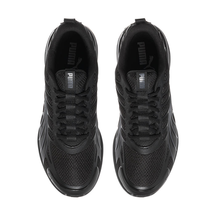 Men's Puma lace-up sneakers, front view, black textured upper with cushioned tongue